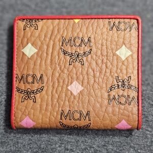 MCM Cognac Visetos Leather Wallet Red Trim Multicolor Diamond Logo